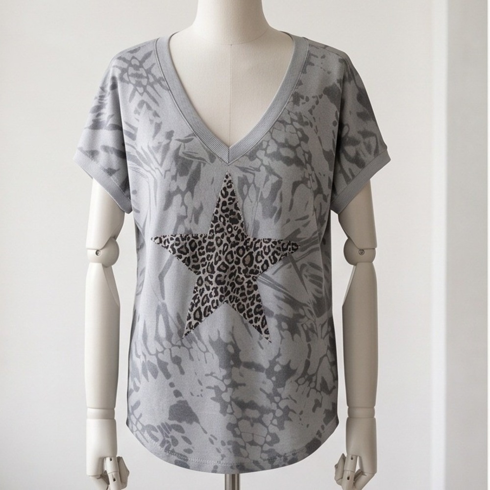 Made In Italy L Gray Star Print Short Sleeve Top Viscose Blend Women's‎ Large